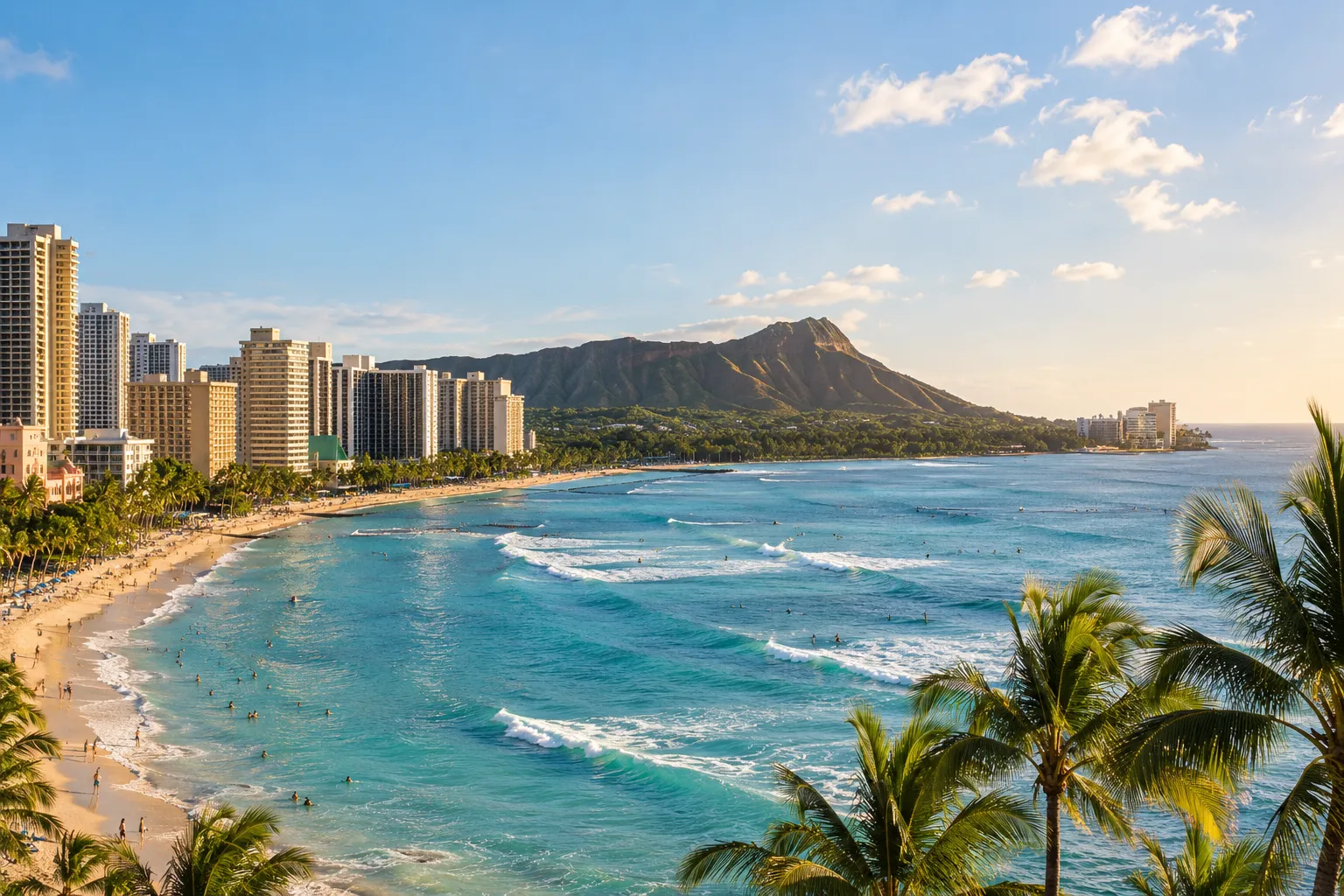 Waikiki Beach curving toward Diamond Head in Honolulu